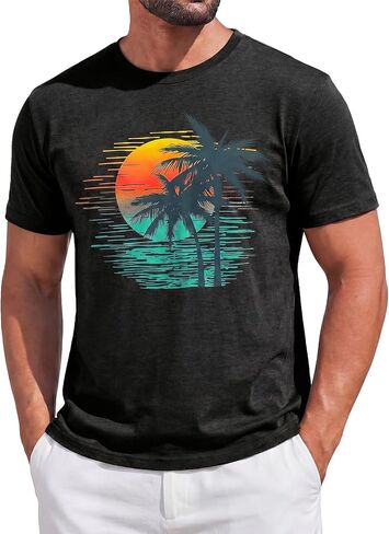 Runcati Mens Short Sleeve T-Shirts Graphic Crewneck Palm Tree Printed Tee Casual Summer Beach Hawaiian Vintage Shirt in Kuwait