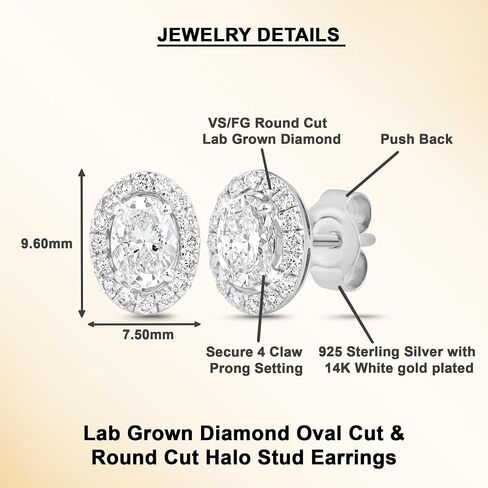 Dewberry 1Ct Oval Cut IGI Certified Lab Grown Diamond Halo Stud Earrings in 14K White or Yellow Gold Plating on 925 Sterling Silver | Hypoallergenic Push Back Stud Earrings For Women (Clarity: VS/ Color: FG) in Saudi Arabia
