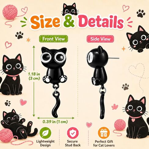 Funny Black Cat Earrings for Women, Cute Paw Charm Stud Earrings, Cat Lovers Gifts Birthday Anniversary Halloween Jewelry Accessories in Saudi Arabia