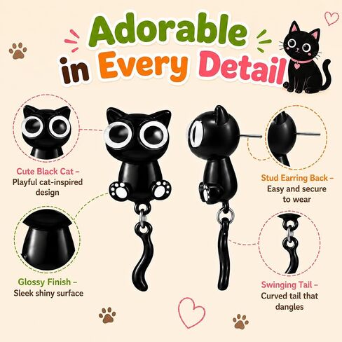 Funny Black Cat Earrings for Women, Cute Paw Charm Stud Earrings, Cat Lovers Gifts Birthday Anniversary Halloween Jewelry Accessories in Saudi Arabia