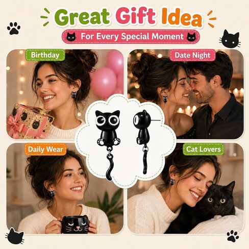 Funny Black Cat Earrings for Women, Cute Paw Charm Stud Earrings, Cat Lovers Gifts Birthday Anniversary Halloween Jewelry Accessories in Saudi Arabia
