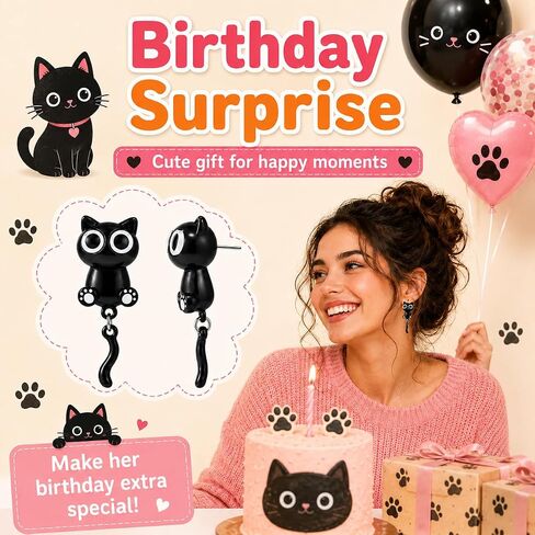 Funny Black Cat Earrings for Women, Cute Paw Charm Stud Earrings, Cat Lovers Gifts Birthday Anniversary Halloween Jewelry Accessories in Saudi Arabia