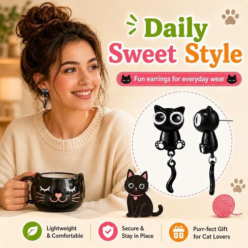 Funny Black Cat Earrings for Women, Cute Paw Charm Stud Earrings, Cat Lovers Gifts Birthday Anniversary Halloween Jewelry Accessories in Saudi Arabia