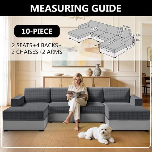 UNBBRRL 10 Pieces U Shaped Sectional Couch Covers 4 Seats + 4 Backs + 2 Arms, Stretch Jacquard Sofa Cushion Cover with Double Upholstered Chaise for Living Room RV(Mid Grey,10 Pieces Set) in Kuwait