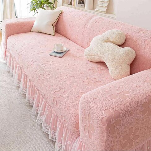Stretch Sofa Cover with Lace Ruffle, 75" x 91" Full Coverage 3 Seater Couch Cover for Dogs, All Season Pet Friendly Furniture Protective Cover (Pink) in Kuwait