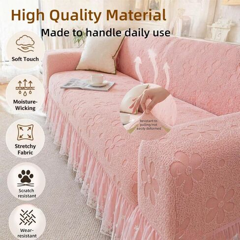 Stretch Sofa Cover with Lace Ruffle, 75" x 91" Full Coverage 3 Seater Couch Cover for Dogs, All Season Pet Friendly Furniture Protective Cover (Pink) in Kuwait