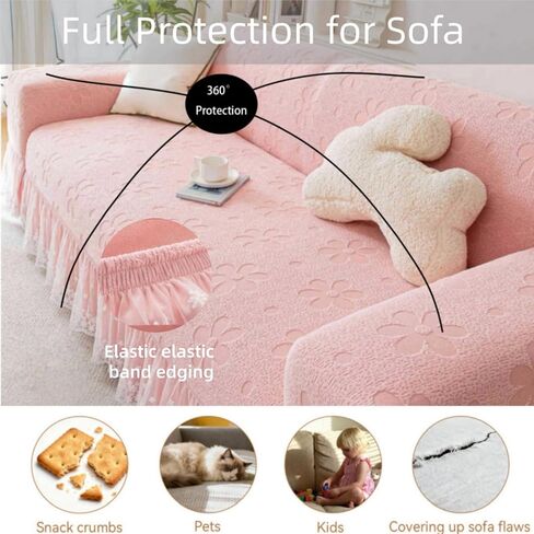 Stretch Sofa Cover with Lace Ruffle, 75" x 91" Full Coverage 3 Seater Couch Cover for Dogs, All Season Pet Friendly Furniture Protective Cover (Pink) in Kuwait