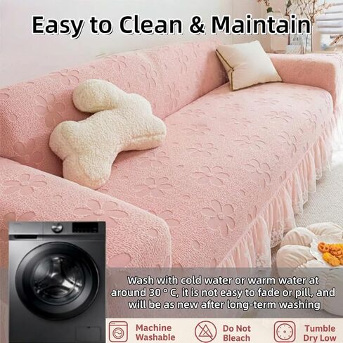 Stretch Sofa Cover with Lace Ruffle, 75" x 91" Full Coverage 3 Seater Couch Cover for Dogs, All Season Pet Friendly Furniture Protective Cover (Pink) in Kuwait