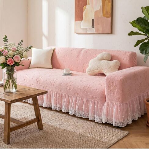 Stretch Sofa Cover with Lace Ruffle, 75" x 91" Full Coverage 3 Seater Couch Cover for Dogs, All Season Pet Friendly Furniture Protective Cover (Pink) in Kuwait