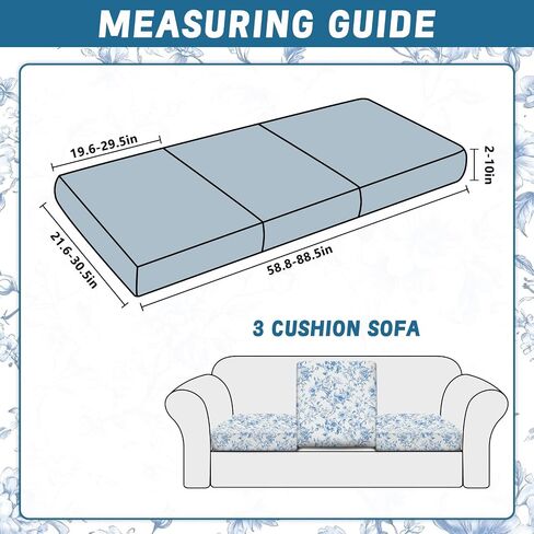Preboun 3 Pcs Blue Floral Printed Couch Cushion Covers Stretch Chinoiserie Washable Non-Slip Sofa Slipcover Blue Toile Replacement Seat Cushion Covers Furniture Protector for Sofa Home Decor in Kuwait