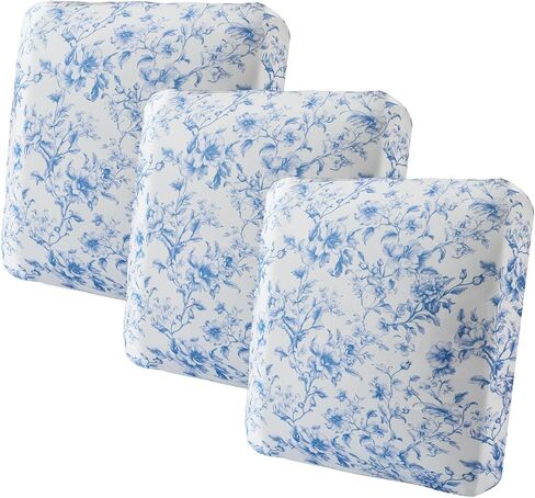 Preboun 3 Pcs Blue Floral Printed Couch Cushion Covers Stretch Chinoiserie Washable Non-Slip Sofa Slipcover Blue Toile Replacement Seat Cushion Covers Furniture Protector for Sofa Home Decor in Kuwait