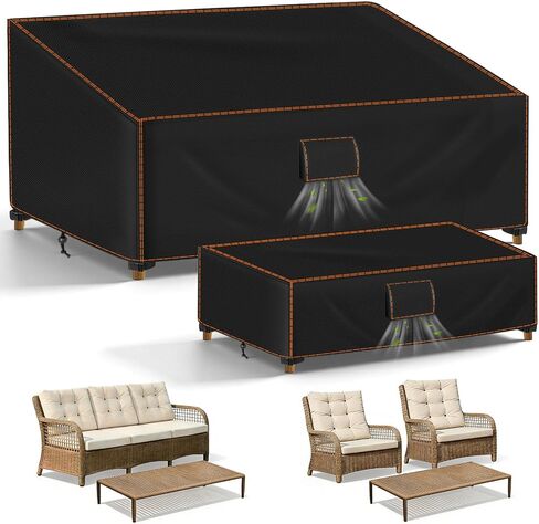 2PCS Patio Furniture Set Covers, 420D Waterproof Outdoor Furniture Cover Fit Patio Furniture Outdoor 3 Seat Sofa 79"W x 35"D x 33"H and Table 46"W x 26"D x 13"H, Triple Windproof and Anti-UV, Black in Saudi Arabia