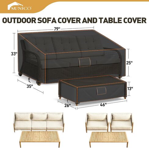2PCS Patio Furniture Set Covers, 420D Waterproof Outdoor Furniture Cover Fit Patio Furniture Outdoor 3 Seat Sofa 79"W x 35"D x 33"H and Table 46"W x 26"D x 13"H, Triple Windproof and Anti-UV, Black in Saudi Arabia