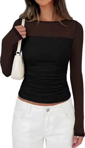 PRETTYGARDEN Women's 2026 Fall Long Sleeve T Shirts Sheer Mesh Boat Neck Ruched Fitted Going Out Summer Tops Fashion Clothing in Kuwait