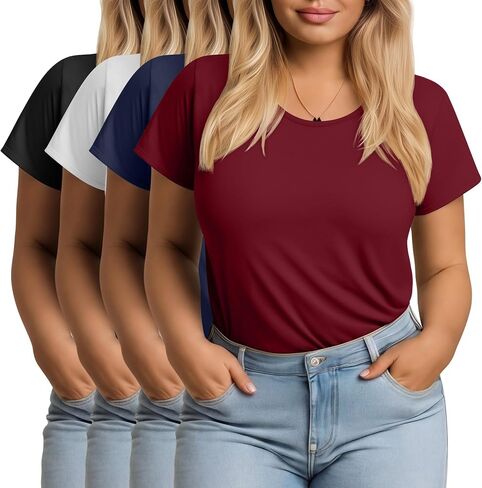 Evervibe 4 Pack Womens Plus Size Short Sleeve T-Shirts Crew Neck Loose Fit Casual Basic Tees Summer Workout Lightweight Tops in Kuwait