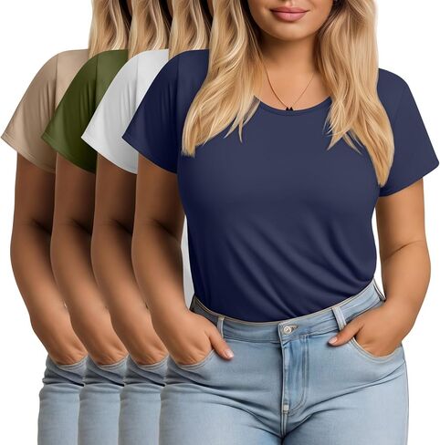 Evervibe 4 Pack Womens Plus Size Short Sleeve T-Shirts Crew Neck Loose Fit Casual Basic Tees Summer Workout Lightweight Tops in Kuwait