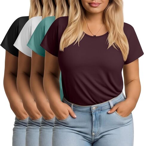 Evervibe 4 Pack Womens Plus Size Short Sleeve T-Shirts Crew Neck Loose Fit Casual Basic Tees Summer Workout Lightweight Tops in Kuwait