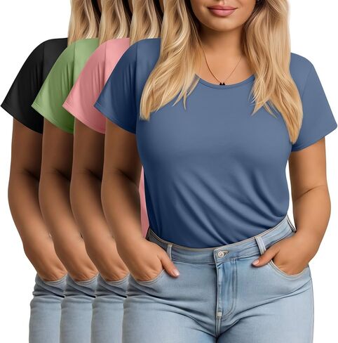 Evervibe 4 Pack Womens Plus Size Short Sleeve T-Shirts Crew Neck Loose Fit Casual Basic Tees Summer Workout Lightweight Tops in Kuwait