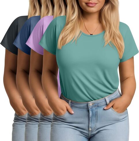 Evervibe 4 Pack Womens Plus Size Short Sleeve T-Shirts Crew Neck Loose Fit Casual Basic Tees Summer Workout Lightweight Tops in Kuwait