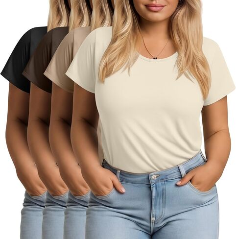 Evervibe 4 Pack Womens Plus Size Short Sleeve T-Shirts Crew Neck Loose Fit Casual Basic Tees Summer Workout Lightweight Tops in Kuwait