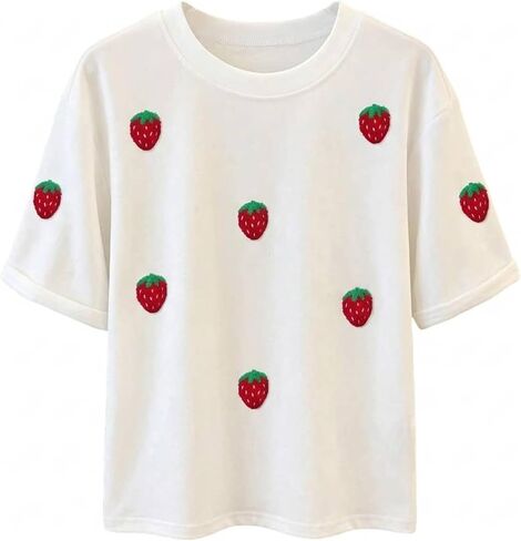 RoseSeek Women's Strawberry Embroidery Shirt Graphic Tees Crewneck Short Sleeve Tops Casual Cute Summer Tops in Kuwait