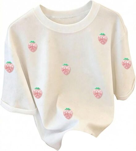 RoseSeek Women's Strawberry Embroidery Shirt Graphic Tees Crewneck Short Sleeve Tops Casual Cute Summer Tops in Kuwait