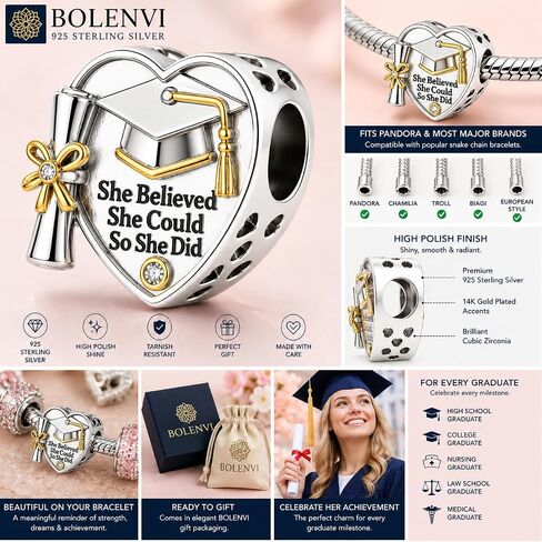 Graduation Charm, She Believed She Could So She Did Heart Bead, 925 Sterling Silver Graduation 2026 2027 Gift Compatible with Pandora Bracelets in Kuwait