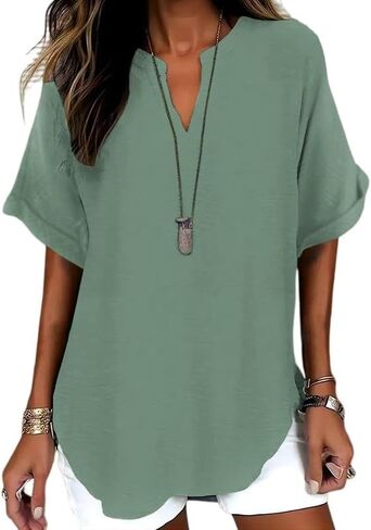 Cotton Linen Tops Casual Short Sleeve Crew V Neck Blouse Shirt Loose Fit Breathable Summer Tee for Womens in Saudi Arabia