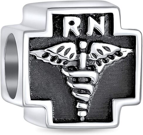 Bling Jewelry .925 Sterling Silver Nurse Nursing RN Registered Caduceus Cross Shape Charm Bead For Women Oxidized for Bracelet in Kuwait