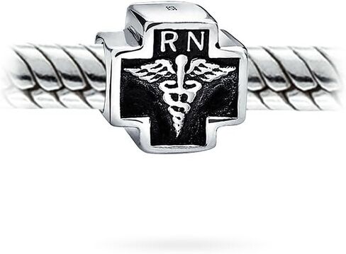 Bling Jewelry .925 Sterling Silver Nurse Nursing RN Registered Caduceus Cross Shape Charm Bead For Women Oxidized for Bracelet in Kuwait