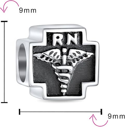 Bling Jewelry .925 Sterling Silver Nurse Nursing RN Registered Caduceus Cross Shape Charm Bead For Women Oxidized for Bracelet in Kuwait
