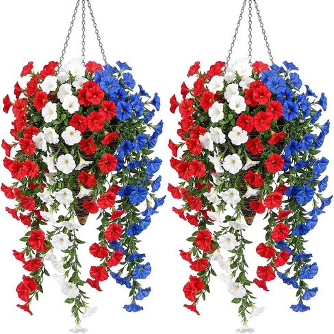 Riceshoot 12 Pcs Red White Blue Artificial Hanging Flowers Outdoor with 2 Baskets 250th Anniversary Patriotic Fake Flowers for 4th of July Independence Memorial Day Garden Yard Porch Patio Home Decor in Kuwait