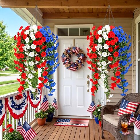 Riceshoot 12 Pcs Red White Blue Artificial Hanging Flowers Outdoor with 2 Baskets 250th Anniversary Patriotic Fake Flowers for 4th of July Independence Memorial Day Garden Yard Porch Patio Home Decor in Kuwait