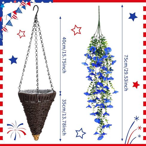 Riceshoot 12 Pcs Red White Blue Artificial Hanging Flowers Outdoor with 2 Baskets 250th Anniversary Patriotic Fake Flowers for 4th of July Independence Memorial Day Garden Yard Porch Patio Home Decor in Kuwait