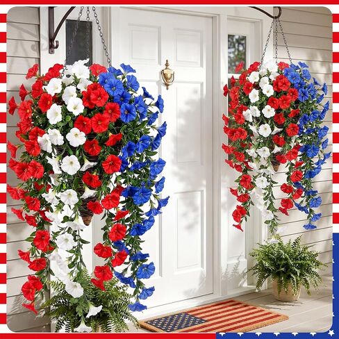 Riceshoot 12 Pcs Red White Blue Artificial Hanging Flowers Outdoor with 2 Baskets 250th Anniversary Patriotic Fake Flowers for 4th of July Independence Memorial Day Garden Yard Porch Patio Home Decor in Kuwait
