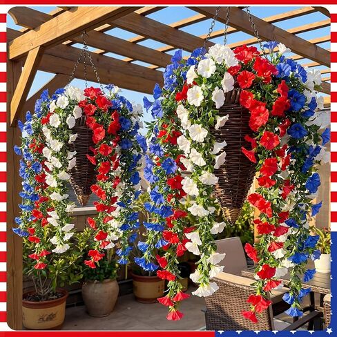 Riceshoot 12 Pcs Red White Blue Artificial Hanging Flowers Outdoor with 2 Baskets 250th Anniversary Patriotic Fake Flowers for 4th of July Independence Memorial Day Garden Yard Porch Patio Home Decor in Kuwait