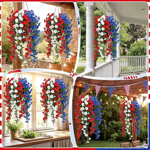 Riceshoot 12 Pcs Red White Blue Artificial Hanging Flowers Outdoor with 2 Baskets 250th Anniversary Patriotic Fake Flowers for 4th of July Independence Memorial Day Garden Yard Porch Patio Home Decor in Kuwait