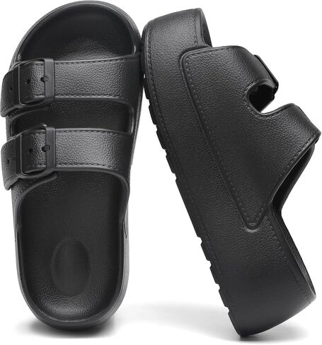 Women Open Toe Platform Slide Sandals Adjustable Double Buckles Summer Soft Non-Slip Wedge Slip on Shoes Beach Walking Black 7.5 8 in Saudi Arabia