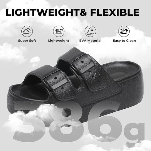Women Open Toe Platform Slide Sandals Adjustable Double Buckles Summer Soft Non-Slip Wedge Slip on Shoes Beach Walking Black 7.5 8 in Saudi Arabia