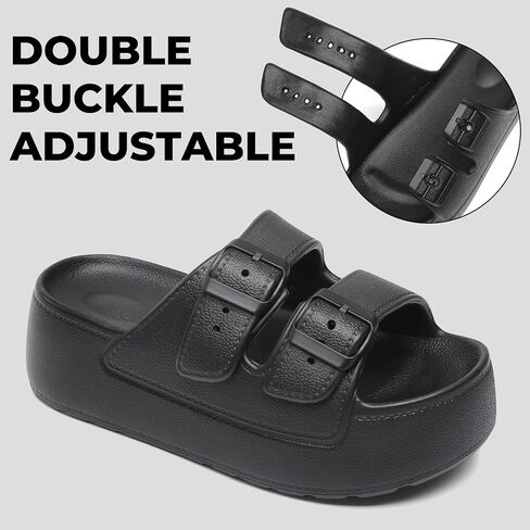 Women Open Toe Platform Slide Sandals Adjustable Double Buckles Summer Soft Non-Slip Wedge Slip on Shoes Beach Walking Black 7.5 8 in Saudi Arabia