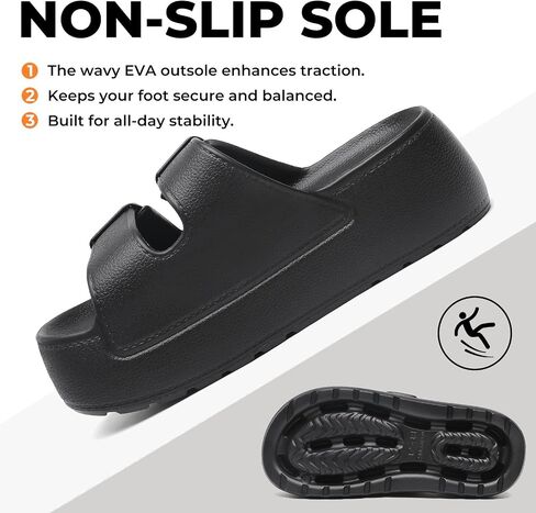 Women Open Toe Platform Slide Sandals Adjustable Double Buckles Summer Soft Non-Slip Wedge Slip on Shoes Beach Walking Black 7.5 8 in Saudi Arabia