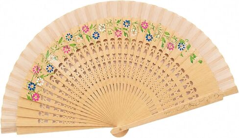 LOGOFUN Vintage Wooden Hand Fan Spanish Style Handheld Fan Floral Design Folding Wood Fan for Wedding Birthday Cosplay Party Favor in Kuwait