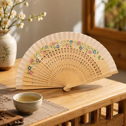 LOGOFUN Vintage Wooden Hand Fan Spanish Style Handheld Fan Floral Design Folding Wood Fan for Wedding Birthday Cosplay Party Favor in Kuwait