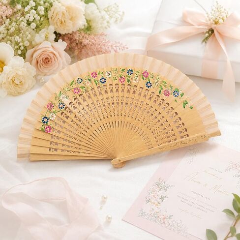 LOGOFUN Vintage Wooden Hand Fan Spanish Style Handheld Fan Floral Design Folding Wood Fan for Wedding Birthday Cosplay Party Favor in Kuwait