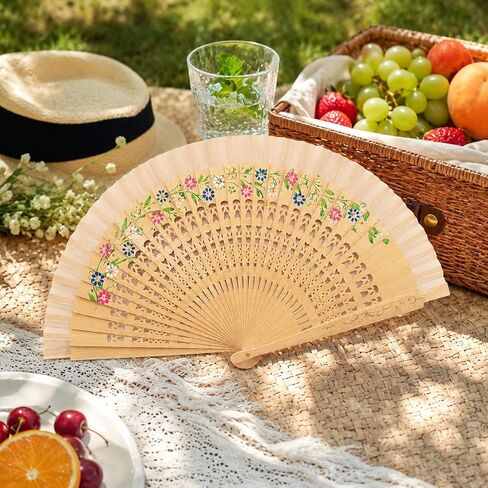 LOGOFUN Vintage Wooden Hand Fan Spanish Style Handheld Fan Floral Design Folding Wood Fan for Wedding Birthday Cosplay Party Favor in Kuwait