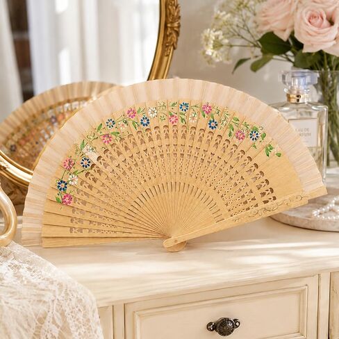 LOGOFUN Vintage Wooden Hand Fan Spanish Style Handheld Fan Floral Design Folding Wood Fan for Wedding Birthday Cosplay Party Favor in Kuwait