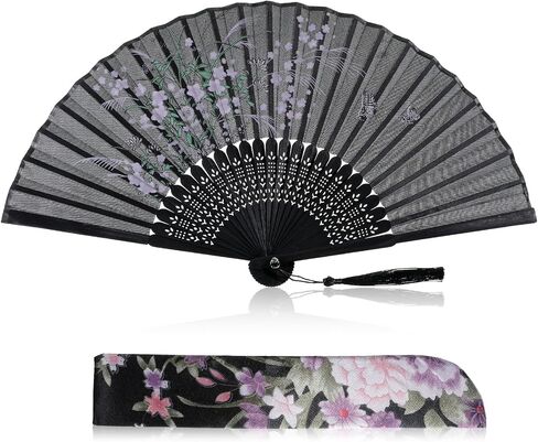 Black Fabric Folding Hand Fan with Tassel and Pouch, Patterned Handheld Bamboo Fans Japanese and Chinese Style Fan for Dancing, Wedding Decoration and Party Gifts in Kuwait