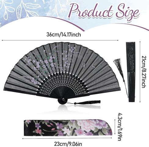 Black Fabric Folding Hand Fan with Tassel and Pouch, Patterned Handheld Bamboo Fans Japanese and Chinese Style Fan for Dancing, Wedding Decoration and Party Gifts in Kuwait