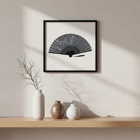 Black Fabric Folding Hand Fan with Tassel and Pouch, Patterned Handheld Bamboo Fans Japanese and Chinese Style Fan for Dancing, Wedding Decoration and Party Gifts in Kuwait