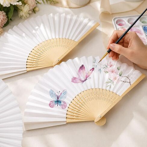 100 PCS Folding Fans for Guests - Bamboo & Paper Handheld Folded Craft Hand Fans for Weddings Bridal DIY Project, White in Saudi Arabia